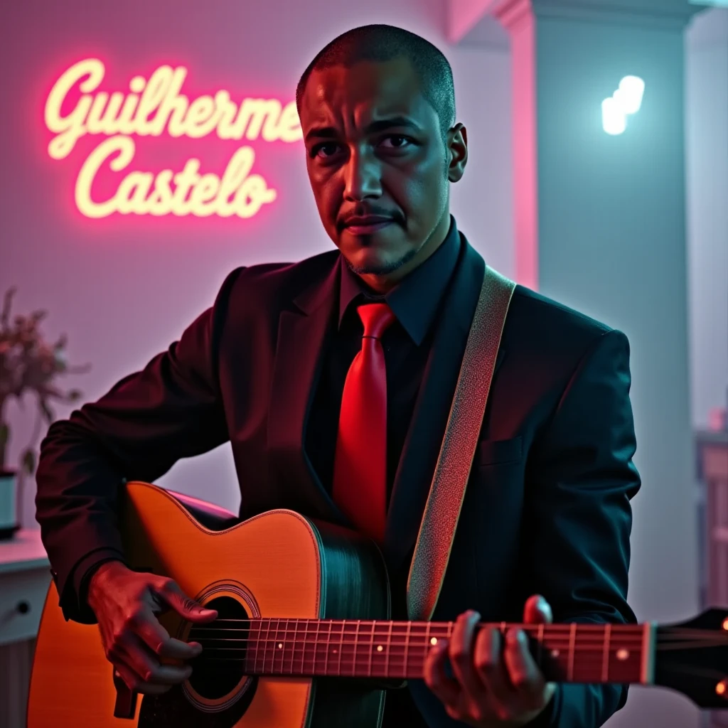 Handsome blackman in a black suit and red tie with a guitar . In the background you can read "Guilherme Castelo" in a capitular font on a neon sign featuring the musician of the evening today. shaved hair style, black color hair, very short hair.