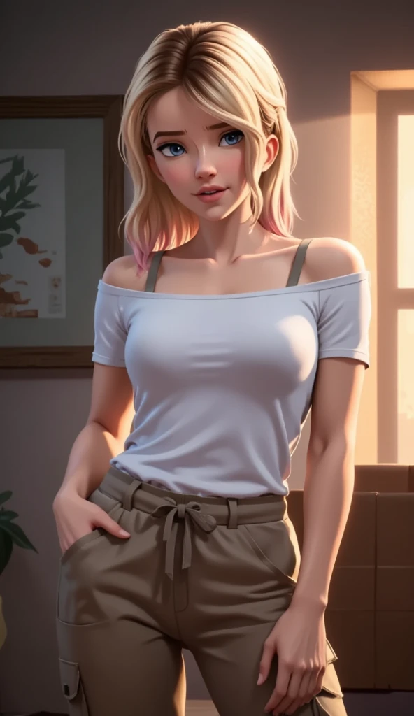 1girl,(best quality,4k,8k,highres,masterpiece:1.2),ultra-detailed,(realistic,photorealistic,photo-realistic:1.37),18 year old girl,beautiful detailed blue eyes,beautiful detailed lips,extremely detailed face and eyes,long eyelashes, off shoulder t-shirt,baggy cargo pants,thick thighs,medium breasts,contempt expression,prideful smirk,looking directly at viewer,sensual pose,warm studio lighting,cinematic colors