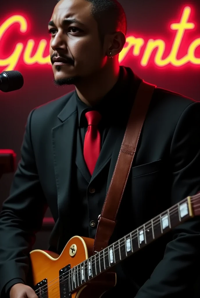 Handsome blackman in a black suit and red tie with a guitar . In the background you can read "Guilherme Castelo" in a capitular font on a neon sign featuring the musician of the evening today. shaved hair style, black color hair, very short hair.