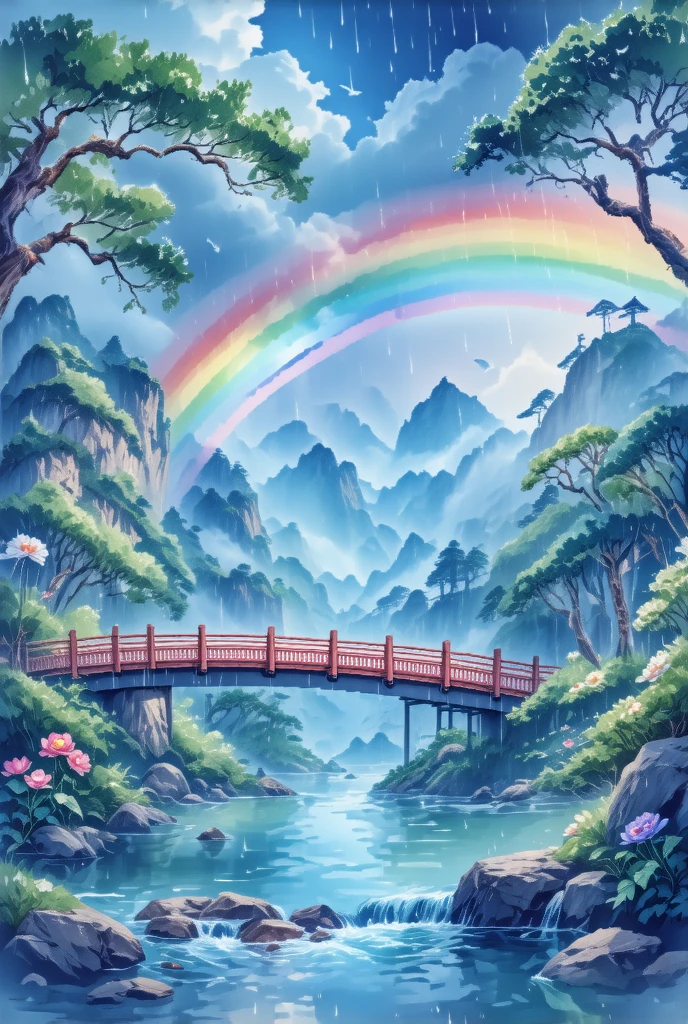 Imagine，( drawn by Lynn Okamoto),Center frame,  clearly focuses , (panoramic, Wide-angle lens),  Quality Best , masterpiece,  Very detailed ,  Detailed Background ,The rain has stopped，There is a beautiful rainbow bridge in the sky