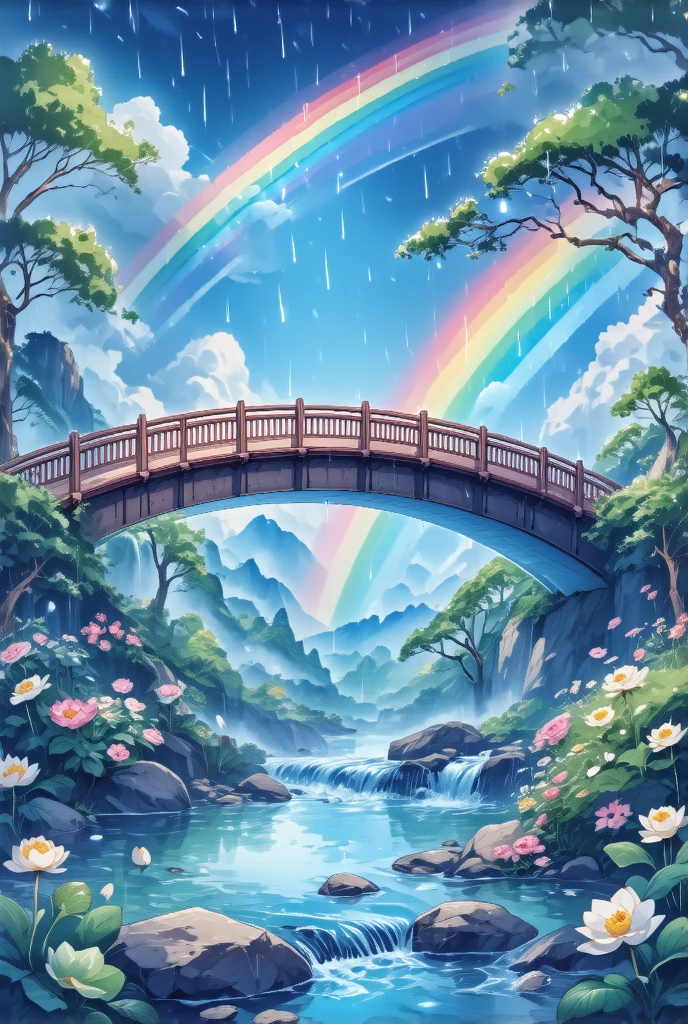 Imagine，( drawn by Lynn Okamoto),Center frame,  clearly focuses , (panoramic, Wide-angle lens),  Quality Best , masterpiece,  Very detailed ,  Detailed Background ,The rain has stopped，There is a beautiful rainbow bridge in the sky