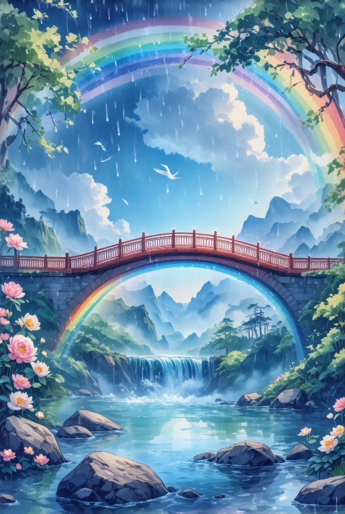 Imagine，( drawn by Lynn Okamoto),Center frame,  clearly focuses , (panoramic, Wide-angle lens),  Quality Best , masterpiece,  Very detailed ,  Detailed Background ,The rain has stopped，There is a beautiful rainbow bridge in the sky