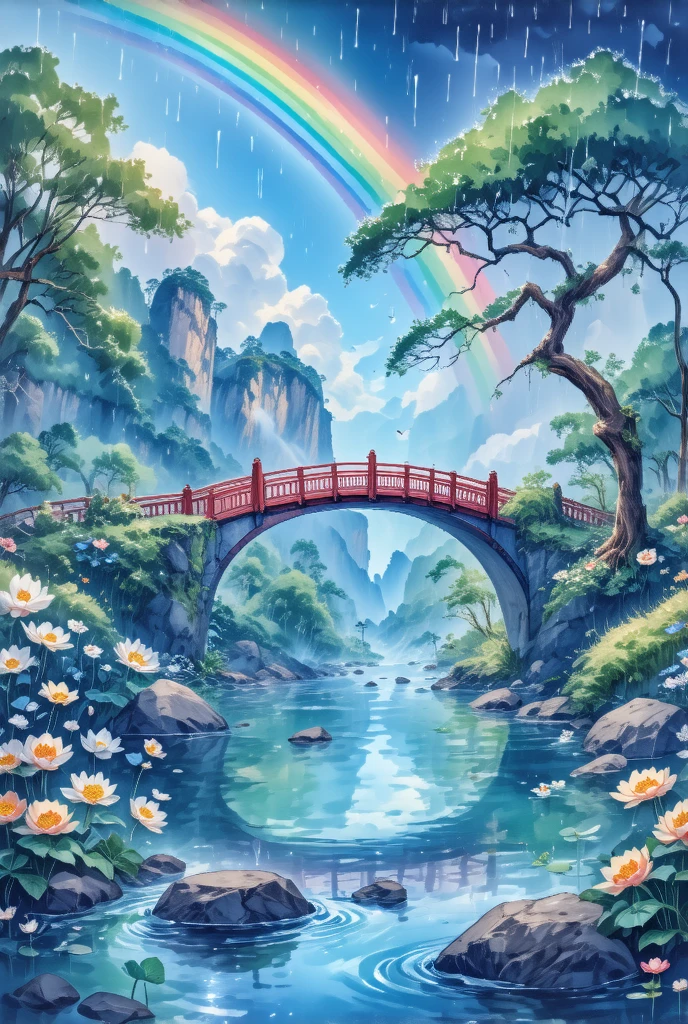 Imagine，( drawn by Lynn Okamoto),Center frame,  clearly focuses , (panoramic, Wide-angle lens),  Quality Best , masterpiece,  Very detailed ,  Detailed Background ,The rain has stopped，There is a beautiful rainbow bridge in the sky