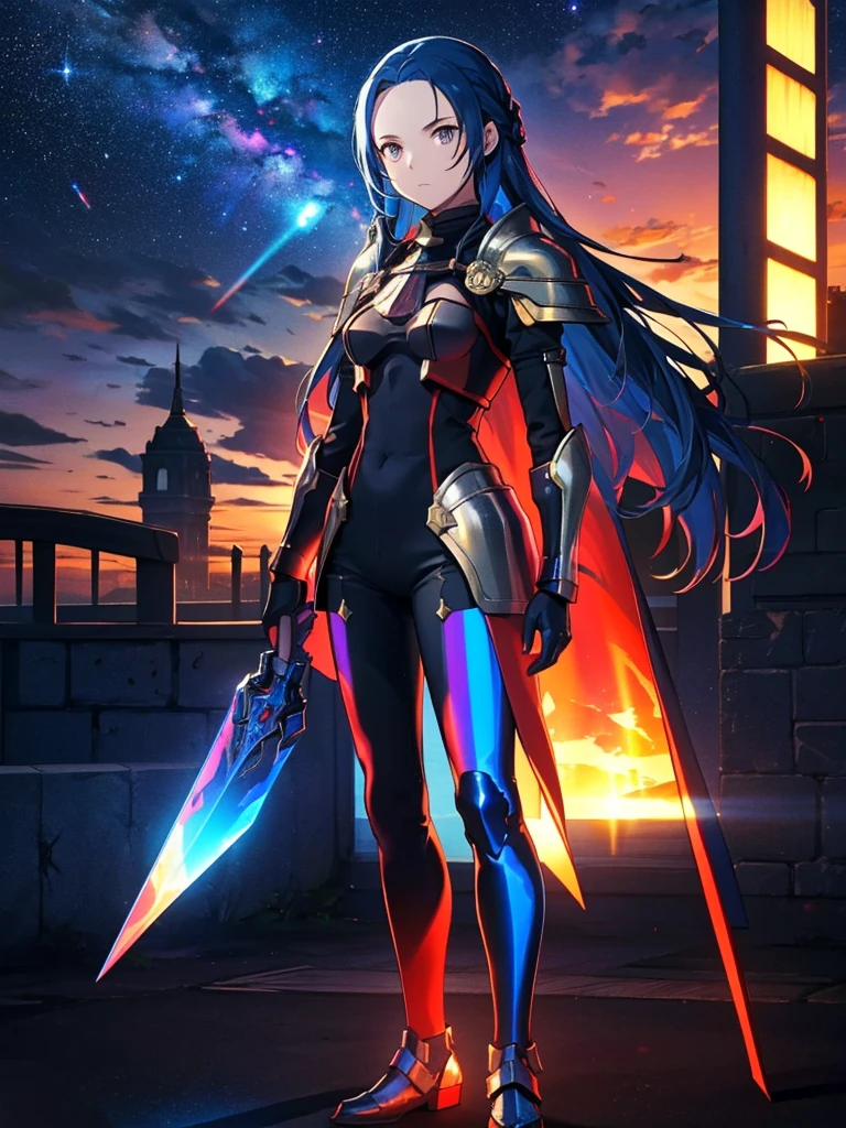 
 shines in the spotlight、Shadow silhouette,Full body painting、Blue and red contrast、 Edelgard in black armor、nullっぽの街, cloudの上の町、null, Alone, Outdoor,  Building, cloud, milky way,sunset、 Rainbow Brilliant Light 、(( Holographic )),
