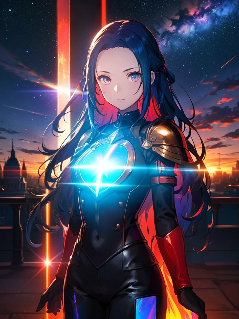 
 shines in the spotlight、Shadow silhouette,Full body painting、Blue and red contrast、 Edelgard in black armor、nullっぽの街, cloudの上の町、null, Alone, Outdoor,  Building, cloud, milky way,sunset、 Rainbow Brilliant Light 、(( Holographic )),
