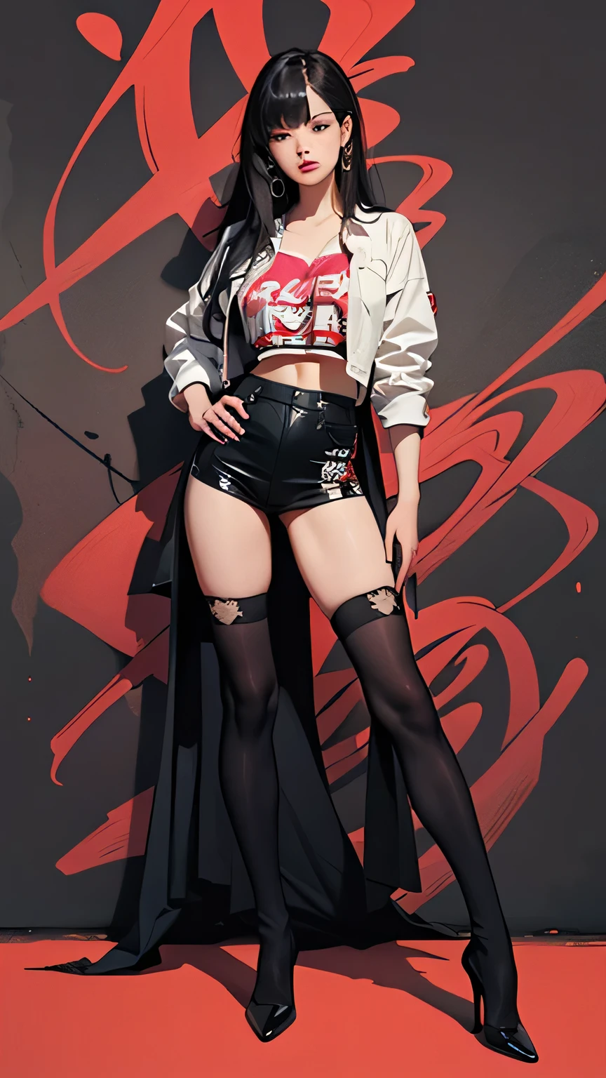 ((masterpiece, high quality, best quality, 8k, wallpaper, detailed, realistic)), 2girls, korean popstar, thighhighs, high heels, long legs, black hair, pretty hands, fringe, full body, (multiple girls:1.4), simple red background, palm trees,  (graffiti wall:1.2), muscular, strong, courageous 