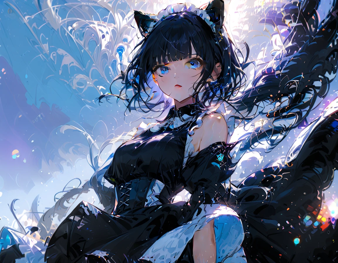 1girl, absurdly long black hair blunt bangs, blue eyes, cat ears, cat tail, chestnut mouth, large breast, open shoulder maid uniform, high waist short skirt, wind browing, floating hair, white background, contrapposto, cool expression, from below, look at viewer, soft focus, lens flare, masterpiece, best quality, vivid light color, Vector Art, 2D flat, simple shapes, professional graphic, flat color, Sleek design, 1girl, absurdly long black hair blunt bangs, blue eyes, cat ears, cat tail, chestnut mouth, large breast, open shoulder maid uniform, high waist short skirt, wind browing, floating hair, white background, contrapposto, cool expression, from below, look at viewer, soft focus, lens flare, masterpiece, best quality, Matte frosted color, Vibrant colors, Layering impasto (oil painting:1.1), ultra-detailed texture, perfect composition, intricate details, high resolution, High contrast, sharp focus, Delicate brushwork, ,AddXL,Dream Scenery