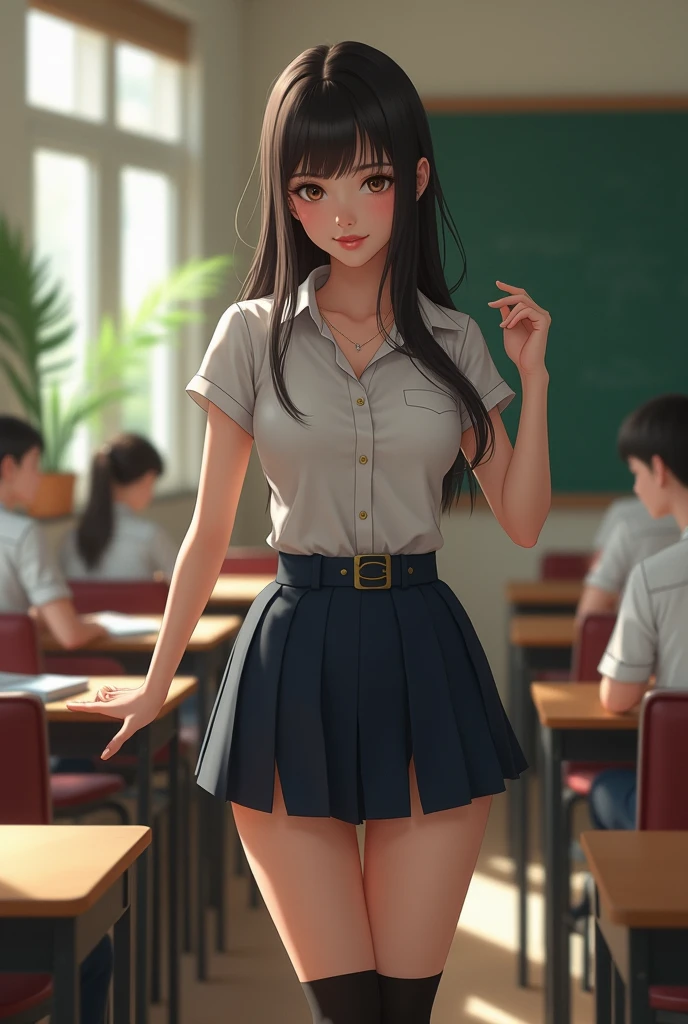 young Japanese teacher wearing an A-line miniskirt， black stockings ，cute little strap top，Classroom class，live action style