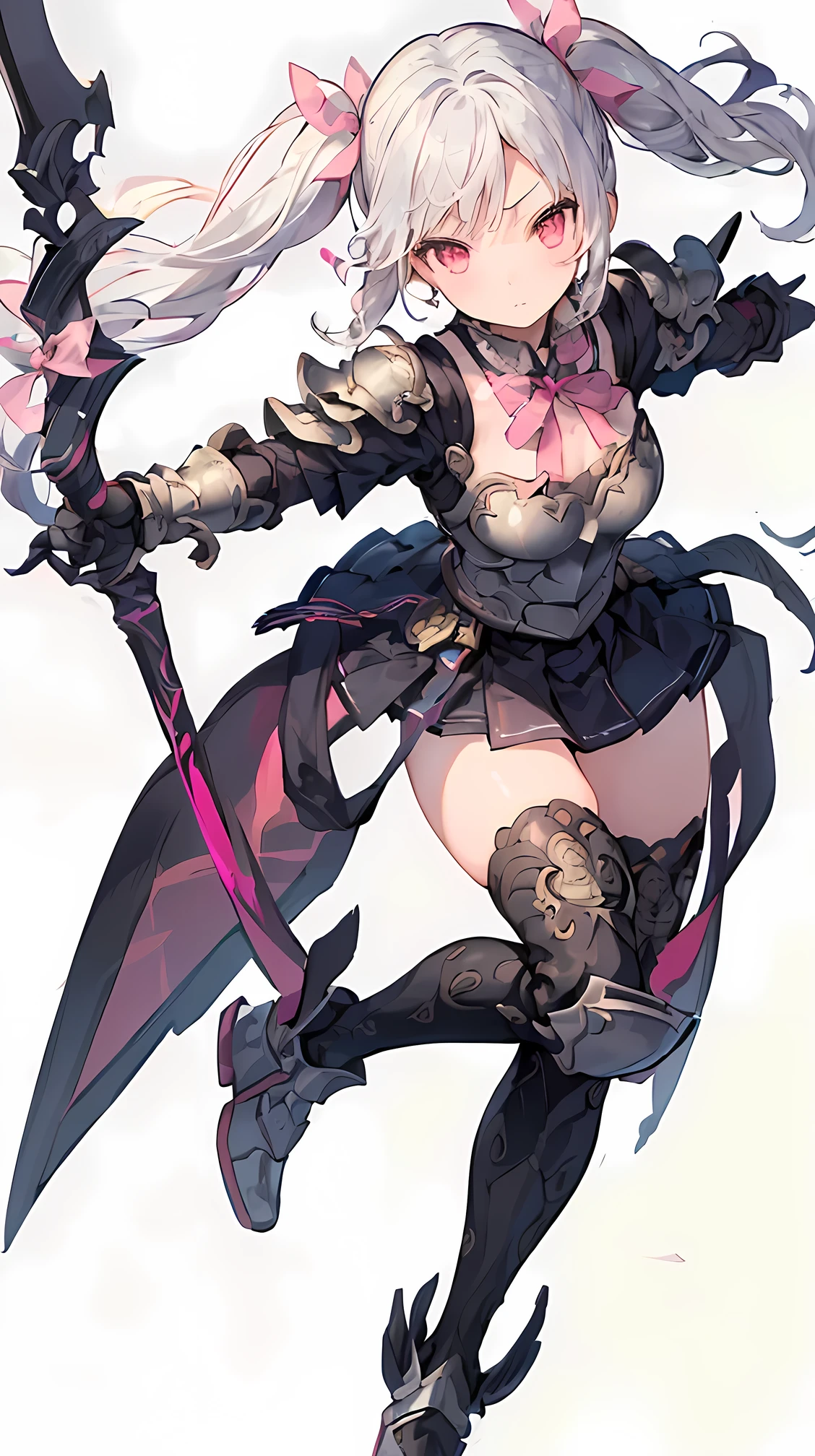 (((Best quality, 8k, Masterpiece: 1.3)), ((best quality)), ((masterpiece)), (detailed), perfect face, perfect body, (detailed skin:1.3), (intricate details), Full body armor, gauntlets, long spears, vividly colored wings, White hair, pigtails, pink ribbon tied around the pigtails