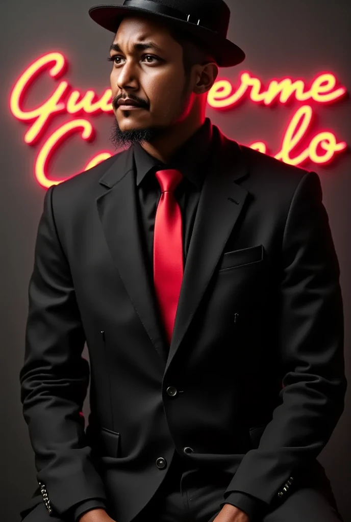 Handsome blackman in a black suit and red tie with a guitar . In the background you can read "Guilherme Castelo" in a capitular font on a neon sign featuring the musician of the evening today.  hair style, black color hair, 