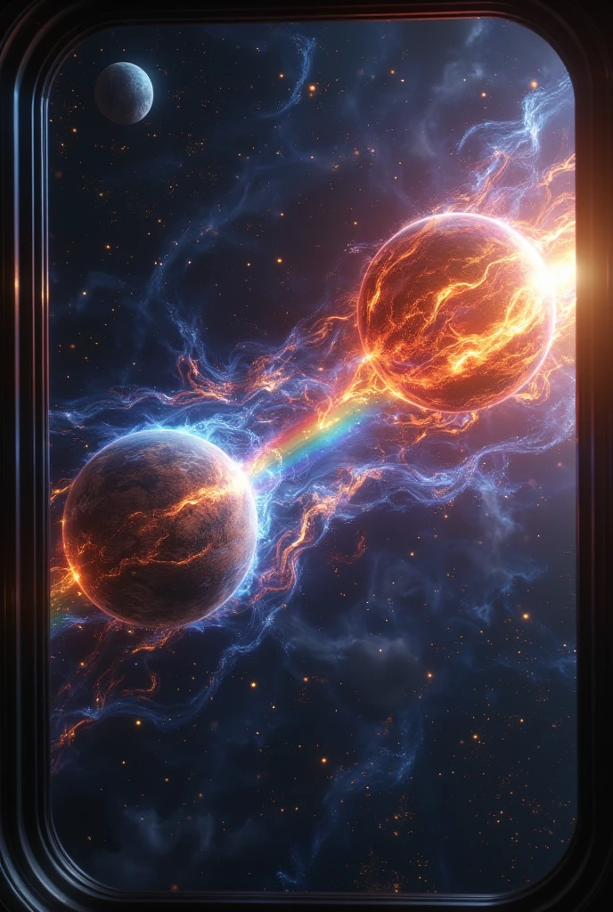 ((masterpiece, highest quality, Highest image quality, High resolution, photorealistic, Raw photo, Extremely detailed CG unified 8k wallpaper)), Two planets are attracting each other in the jet-black space, a huge rainbow is hanging between the two planets, a rainbow bridge is connecting the two planets, and we see the scene from the window of the spaceship, a dynamic mystery of the universe, A rainbow arch hangs between two stars that are attracted to each other,