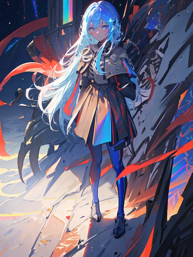 
 shines in the spotlight、Shadow silhouette,Full body painting、Blue and red contrast、 Edelgard in black armor、nullっぽの街, cloudの上の町、null, Alone, Outdoor,  Building, cloud, milky way,sunset、 Rainbow Brilliant Light 、(( Holographic )),
