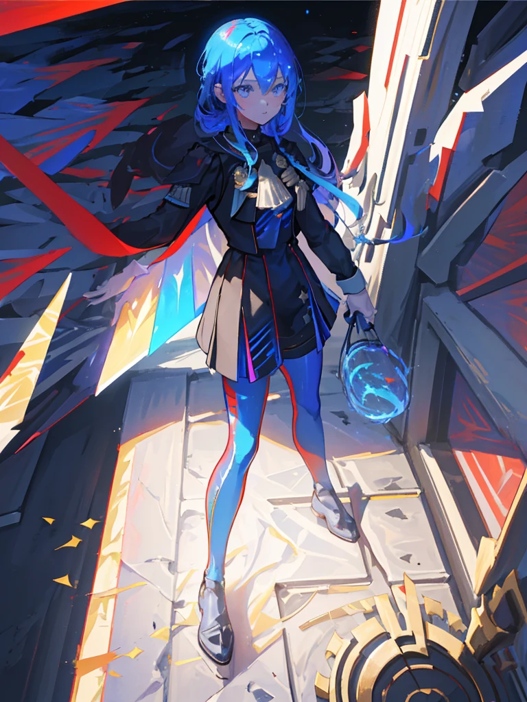 
 shines in the spotlight、Shadow silhouette,Full body painting、Blue and red contrast、 Edelgard in black armor、nullっぽの街, cloudの上の町、null, Alone, Outdoor,  Building, cloud, milky way,sunset、 Rainbow Brilliant Light 、(( Holographic )),
