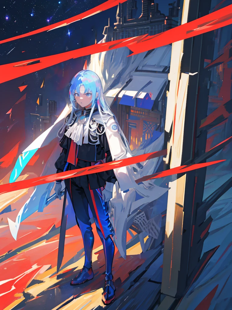 
 shines in the spotlight、Shadow silhouette,Full body painting、Blue and red contrast、 Edelgard in black armor、nullっぽの街, cloudの上の町、null, Alone, Outdoor,  Building, cloud, milky way,sunset、 Rainbow Brilliant Light 、(( Holographic )),
