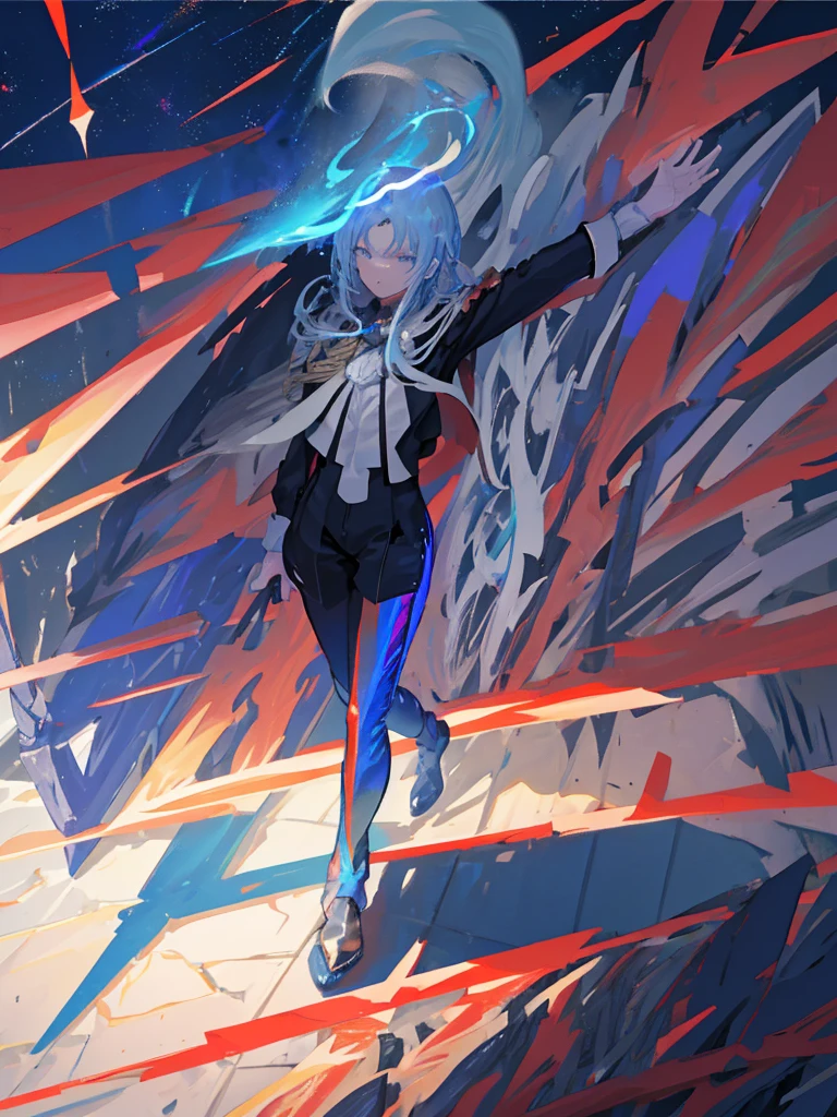 
 shines in the spotlight、Shadow silhouette,Full body painting、Blue and red contrast、 Edelgard in black armor、nullっぽの街, cloudの上の町、null, Alone, Outdoor,  Building, cloud, milky way,sunset、 Rainbow Brilliant Light 、(( Holographic )),
