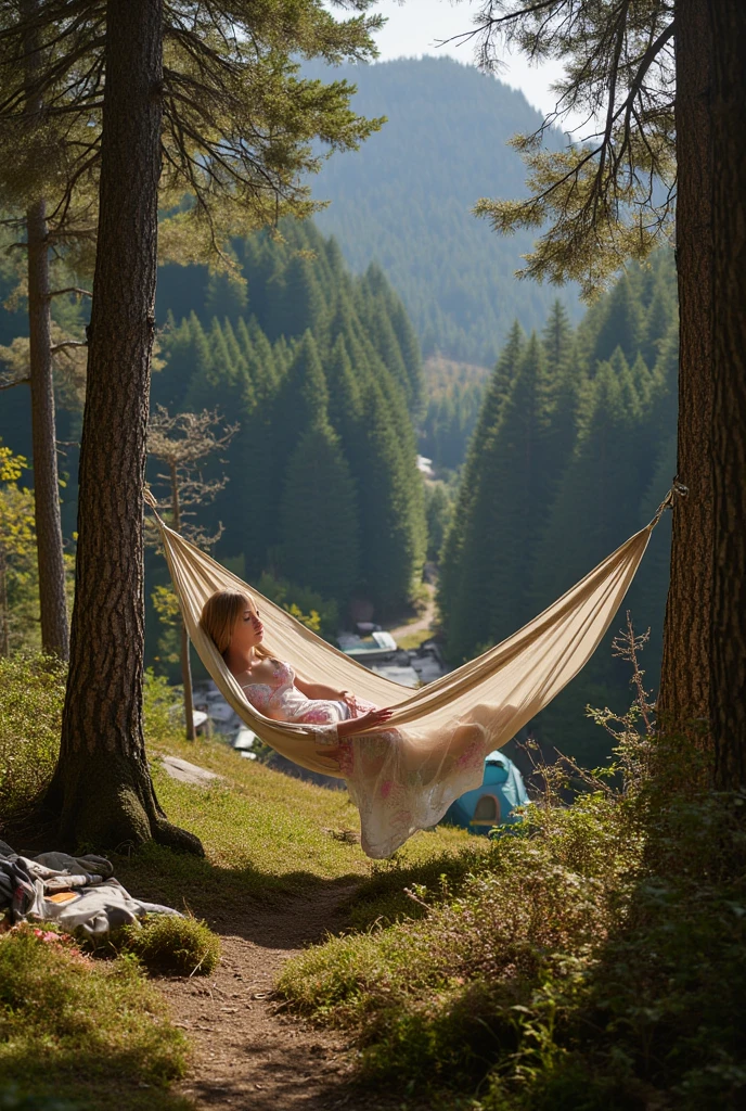 masterpiece, nothing, girl,sleeping in the hammock, nightgown, (lady traveler), forests, trees, montages, Tents, picnic, adventure  