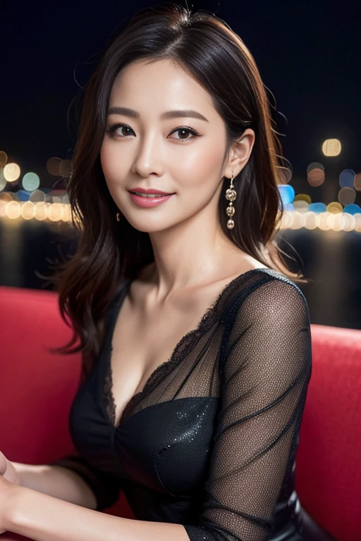 (( best quality、8k resolution、 Master Masterpiece 、 Professional photos )),  photorealistic,  1 Japanese woman,  Beautiful Women, ( the most elegant and beautiful mature woman aged 45 :1.2), Wrinkles around the eyes, Transform into slime,Night City角, Night view,Night City, Neon Street,Shining neon lights,ROMANTIC EVENING , smiles shyly at me ,Smile at me, looks at me affectionately 、( The most elegant woman  &#39; s luxury coat  :1.2)、 big, plump breasts , Winter clothes that accentuate the bust,that&#39;s it's snowing ,Snowy Night,Gorgeous lighting,( gorgeous giant Christmas tree :1.1)、Glamorous Background, Completely-validアップ,Dark red lipstick, Completely-valid, eyeshadow、 has long eyelashes、 Low Contrast , Great Movie Lighting , Romantic Lighting ,Gorgeous lighting,Christmas cityscape,Gorgeous lighting、( very moody and romantic:1.1)、  beautiful skin with super high detail  、 blurry background， open your mouth and laugh，