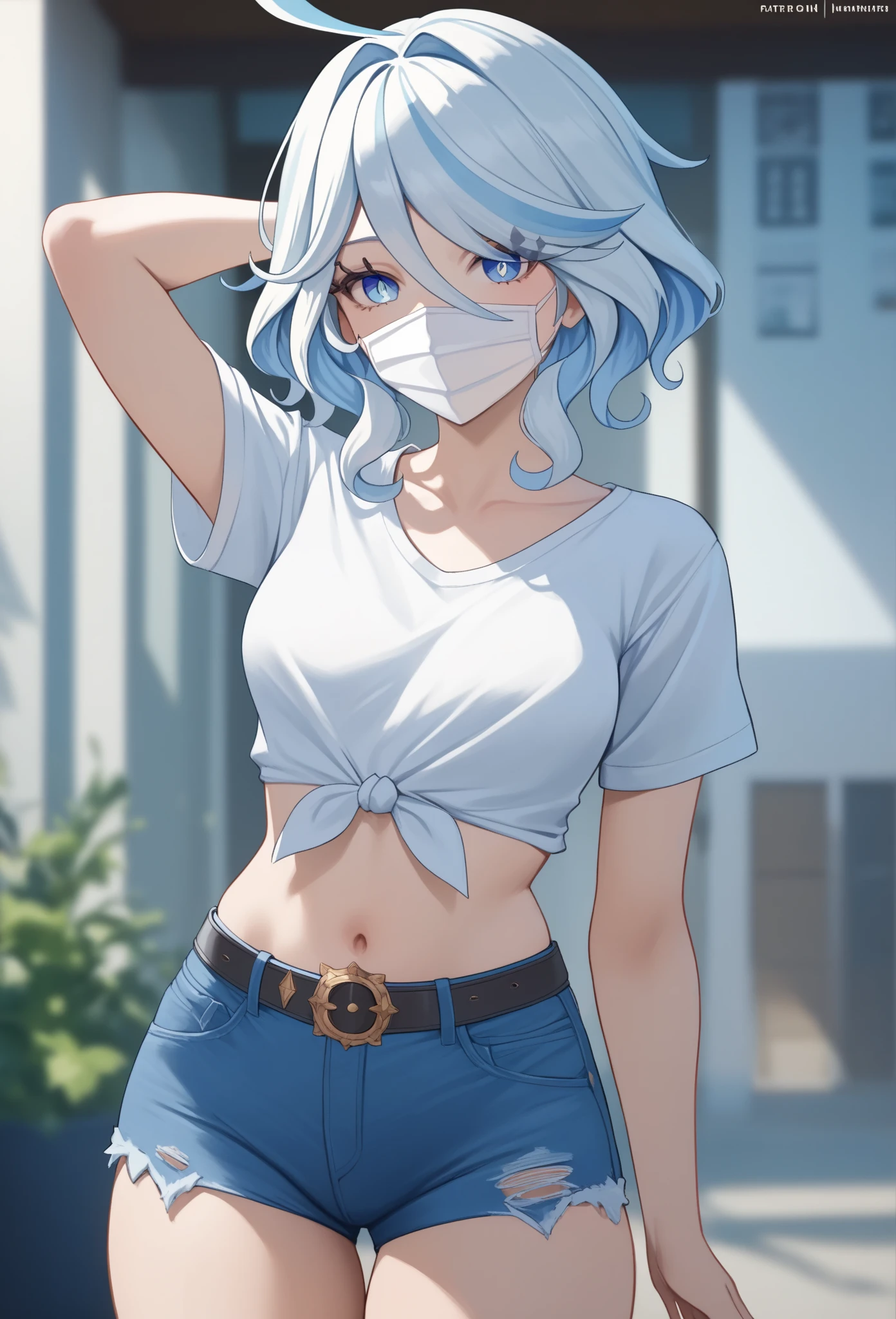 score_9, score_8_up, score_7_up,source_anime, high res image,masterpiece,best quality,girl,cute face,clear skin,furina_genshin,white shirt, short sleeves, tied shirt, front-tie top,armpit, wearing a white mouth mask, Hotpants Jeans, belt, groin