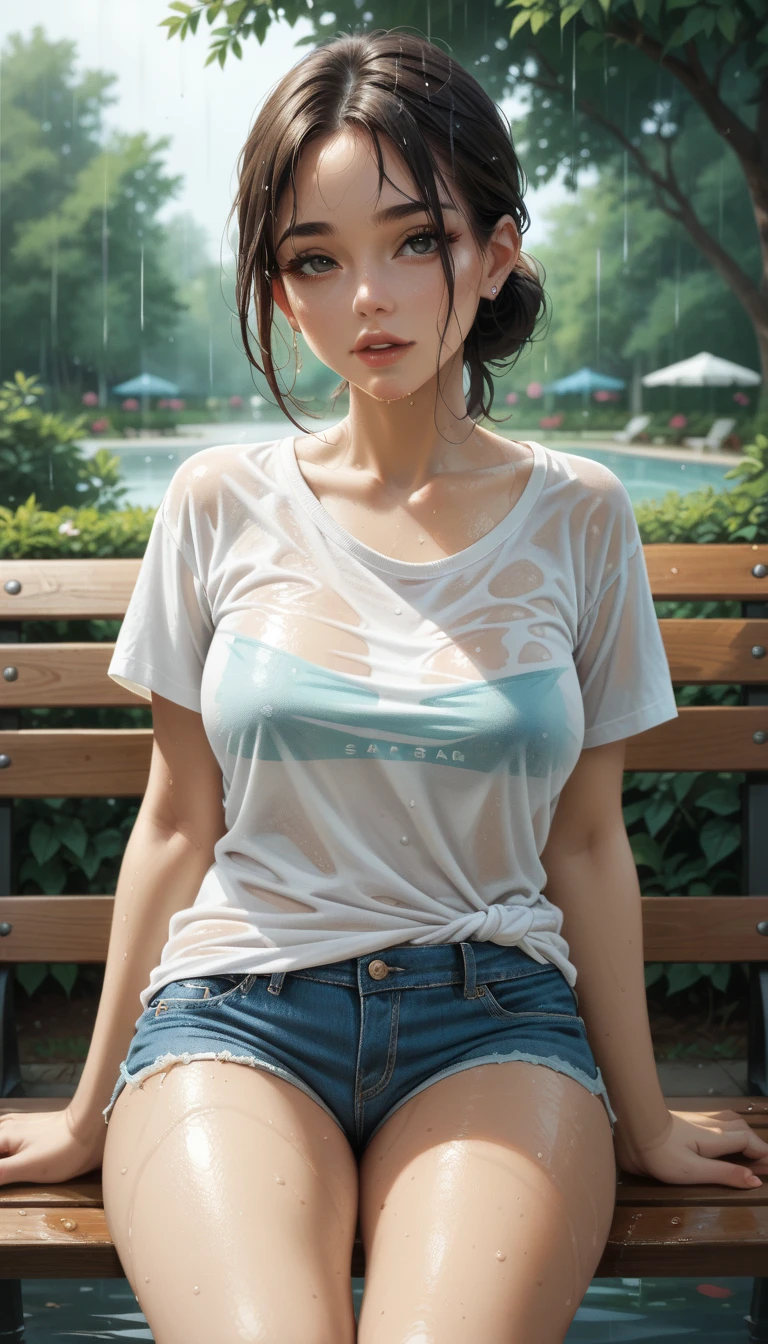 Mature woman smell, white T-shirt, minimal shorts, soaked from the rain, sitting on a park bench, soaking wet