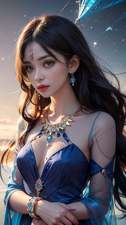 belly dancer、About 20 years old、1 female、Sparkling costumes mainly in blue、pasties、cabelos preto e longos、Beautiful face、A detailed face、Beautiful woman with well-formed eyes and nose、Beauty Dancer、slenderbody、Extraordinary Beauty、Sexy costume、Belly Dance Costumes、belly dance bar、Detailed eyes、Lifelike eyes、Beautiful makeup、8k picture、An ultra - realstic face、super realistic costume、An ultra-high picture quality、