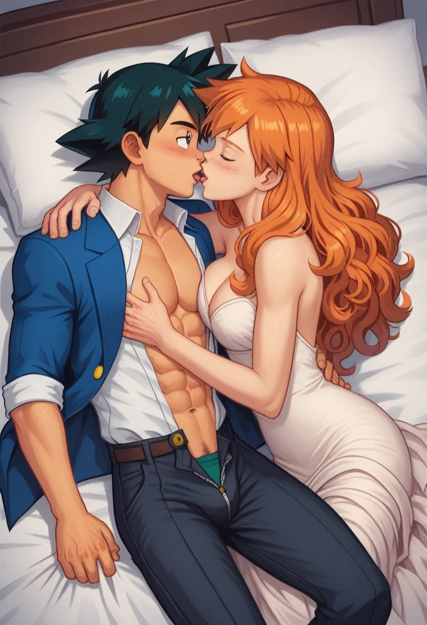 1boy, ash ketchum, black hair, brown eyes, open shirt, shirtless, handsome boy, macho, good looking boy, muscular boy, suit, formal suit, collared_shirt, unzipped pants, ectasy, climax, undressing, stripping shirt, bare_shoulder, bare_shoulders 1girl orange hair, green eyes, misty pokemon, long hair, hair down, curly_hair, hair_past_waist, pretty, beautiful girl, curvy girl, long_dress, putting her hand on his chest, in a bedroom, at night, looking at each other, passionate kiss, closed eyes, lying in a bed