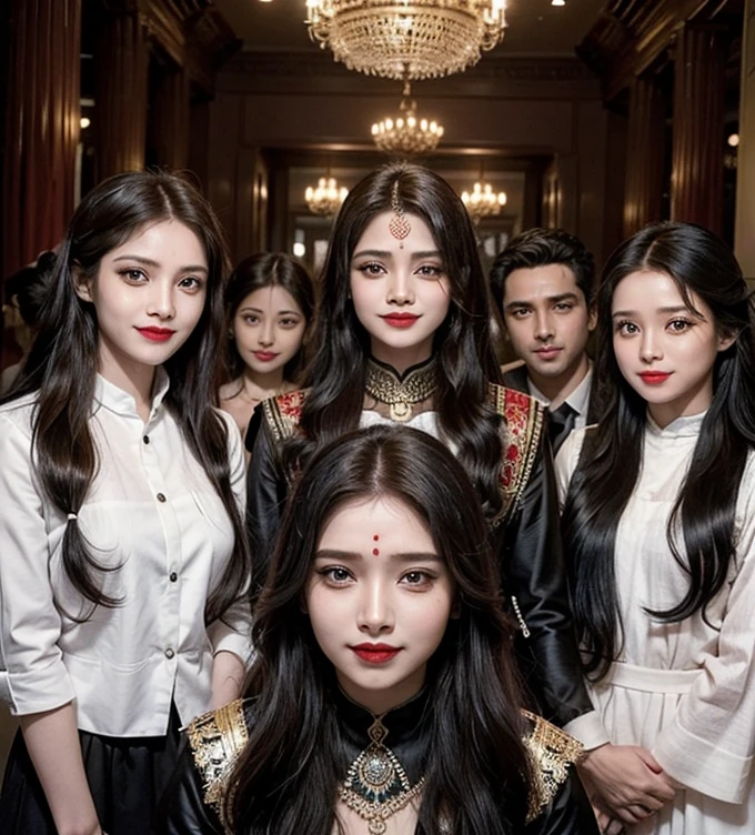 (Big Family) male and female smile's, 10 members selfish people's, make up beautifully, red lipstick, indian people's, black pottu, long white hair style 