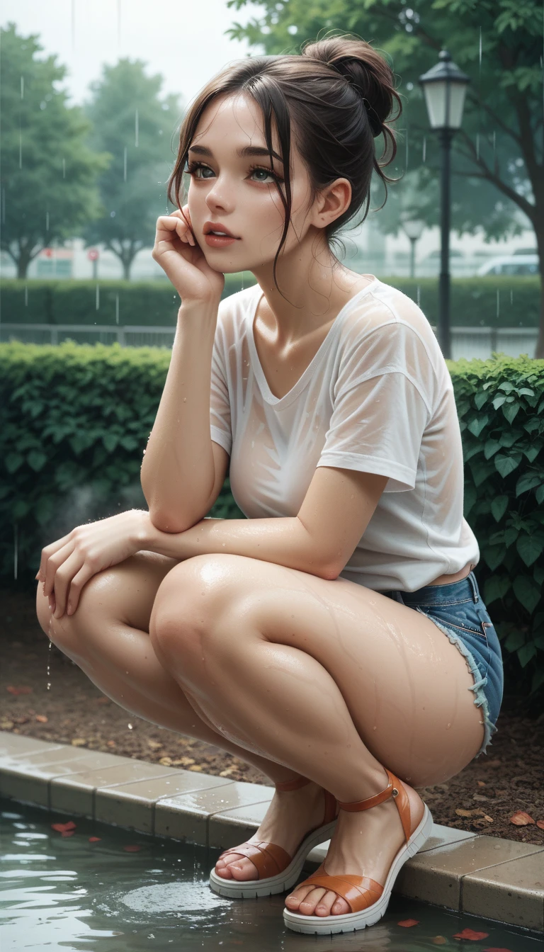 Mature woman smell, white T-shirt, minimal shorts, soaked from the rain, park, squatting, soaking wet