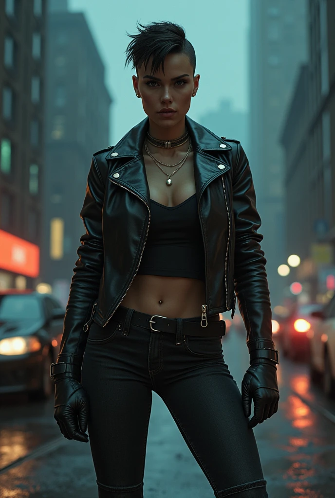 Sexy babe 
Short heir   leather bta leather pant, leather gloves, taking a realistic photo