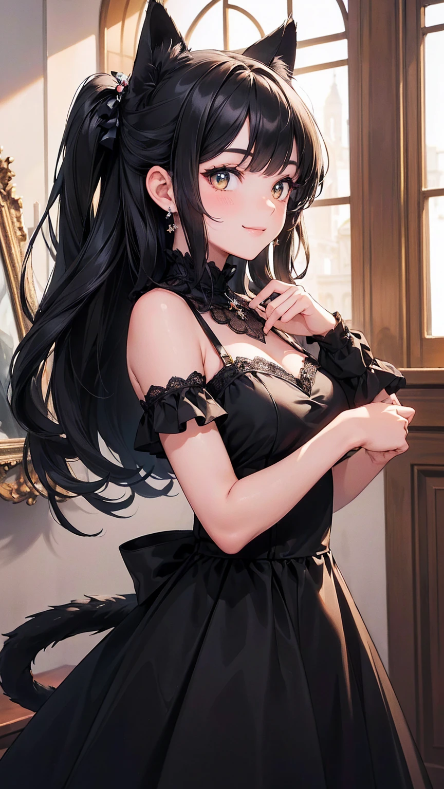  ((masterpiece,best quality,ultra-delicate,Perfect Face,16k,high resolution,very beautiful girl)),black cat girl,smile,black dress,black cat ears,black cat tail,black hair