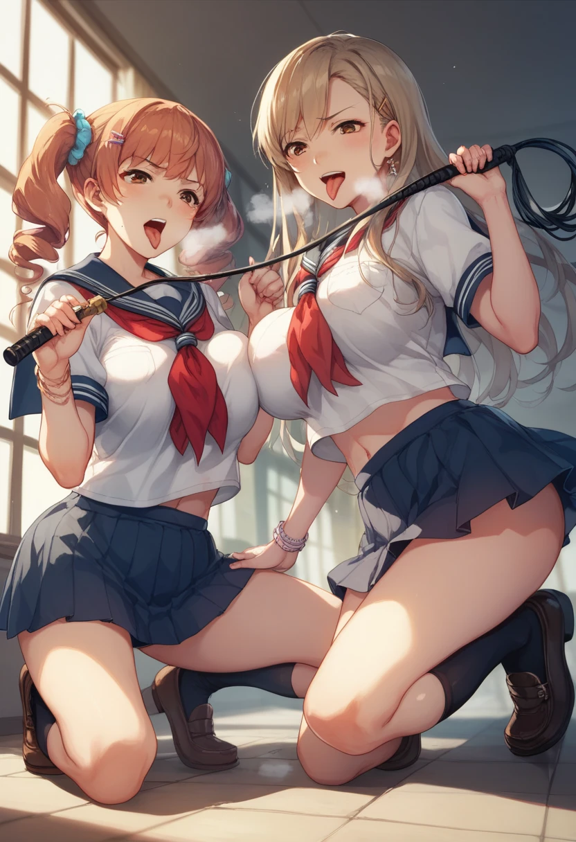 The background is a dark basement made of bricks 、Two women in their 20s with big breasts 、 Brown Eyes  、Yakumo Beni,  let them wear school uniforms or sailor uniforms。,  holding a long whip in their hands ,  床に鞭を置け composition showing the floor from the ceiling 、cute anime style picture,   tongue,  rough breathing, 