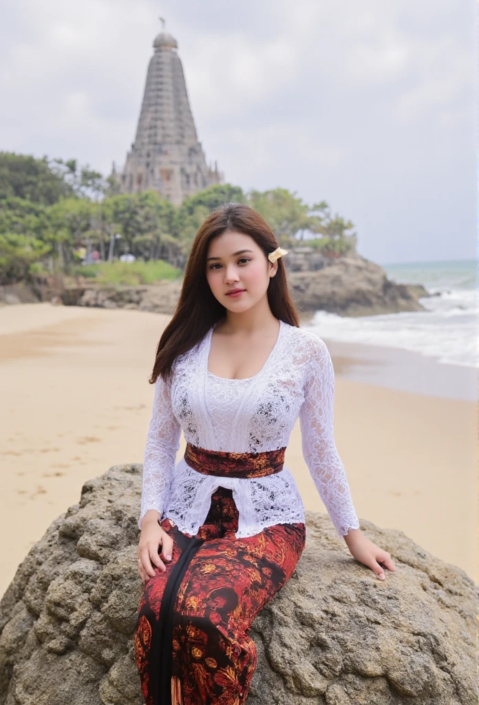Illustrate a beautiful girl close up dressed in kebaya, set against the backdrop of a Balinese beach, (large breast), (cleavage ), (big breast:1.6), close-up shot (full body). Walk with waving hands. Ensure that the image is photorealistic and of top-quality 8K HDR, capturing every intricate detail of the scene.,kebaya,kebaya indonesia,p3rfect ,cleavage