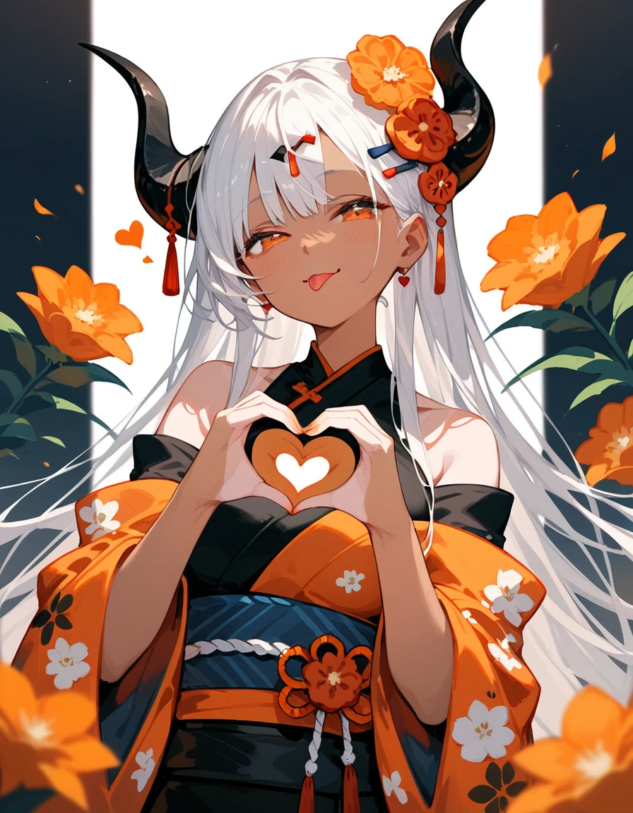 girl,Long hair,I gathered,There is a hairpin ,White hair,Tanned, in an orange floral kimono,In the orange eyes, With Black Curved Horns, medium breasts,beautiful, heart hand post,tongue,