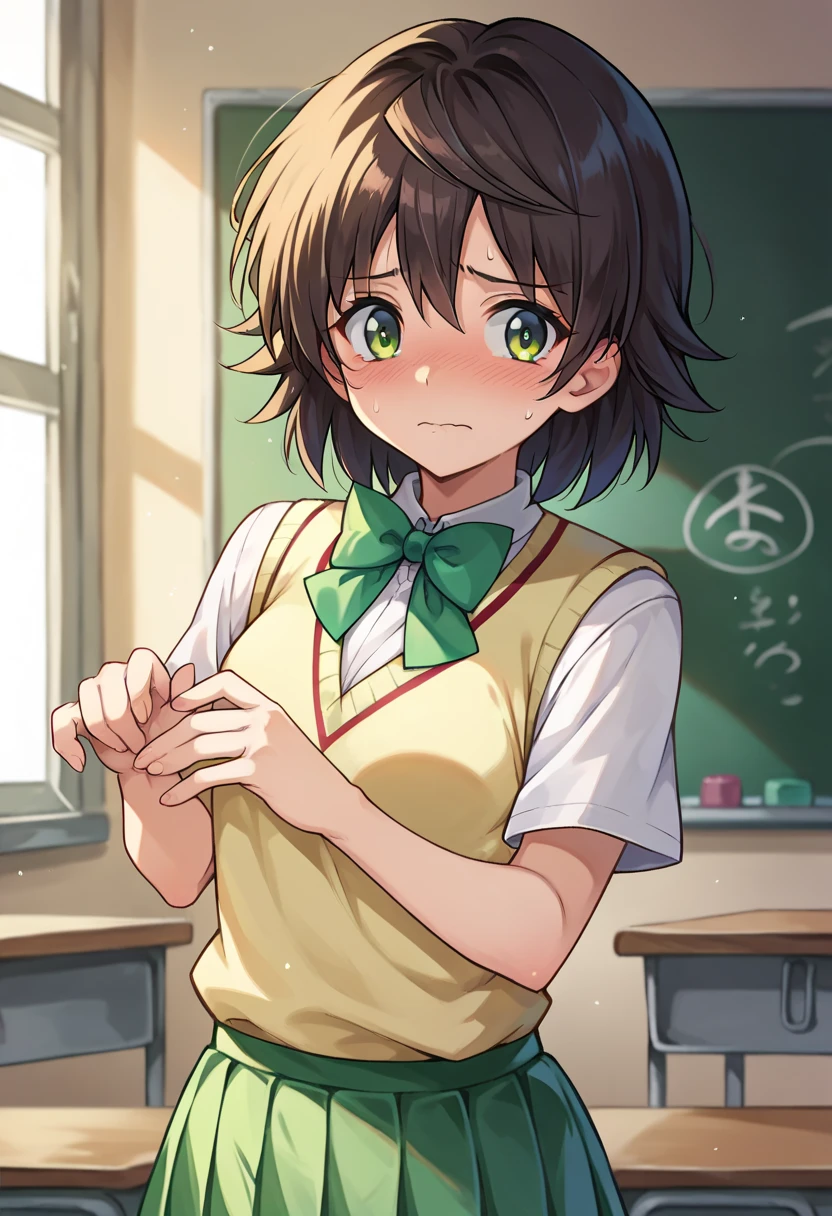  score_9,  score_8_up,  score_7_up,  1 girl , Alone, Rico Yuisaki, Eyebrow,  Medium Hair , Spiked Hair,  Sweater Vest ,  white shirt, Short sleeve,  bow tie,  green pleated skirt,  check skirt, Nervous, Put your hands on your pubic area ,  looking at you , classroom、pantyshot、