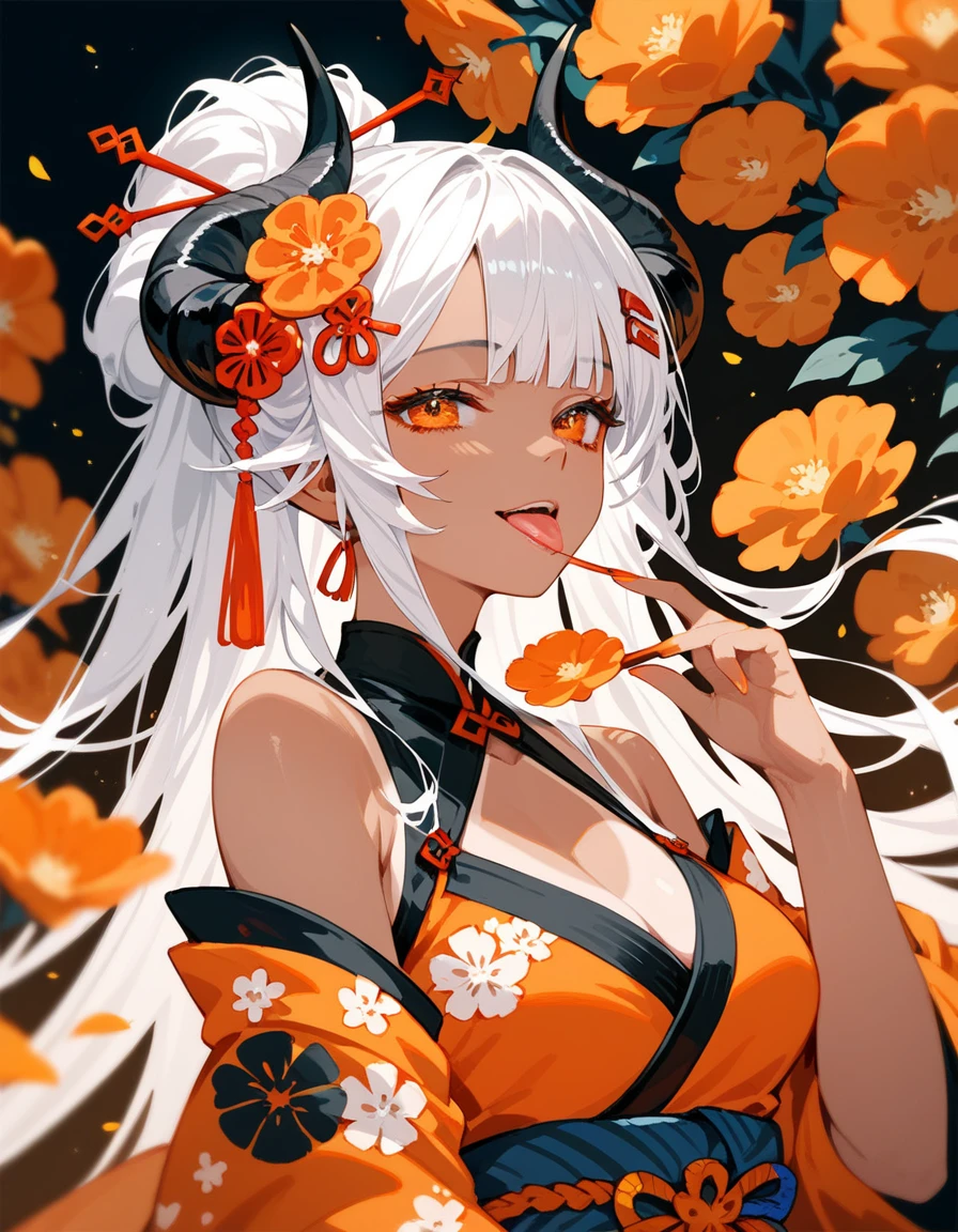 girl,Long hair,I gathered,There is a hairpin ,White hair,Tanned, in an orange floral kimono,In the orange eyes, With Black Curved Horns, medium breasts,beautiful,  with open shoulders,tongue,