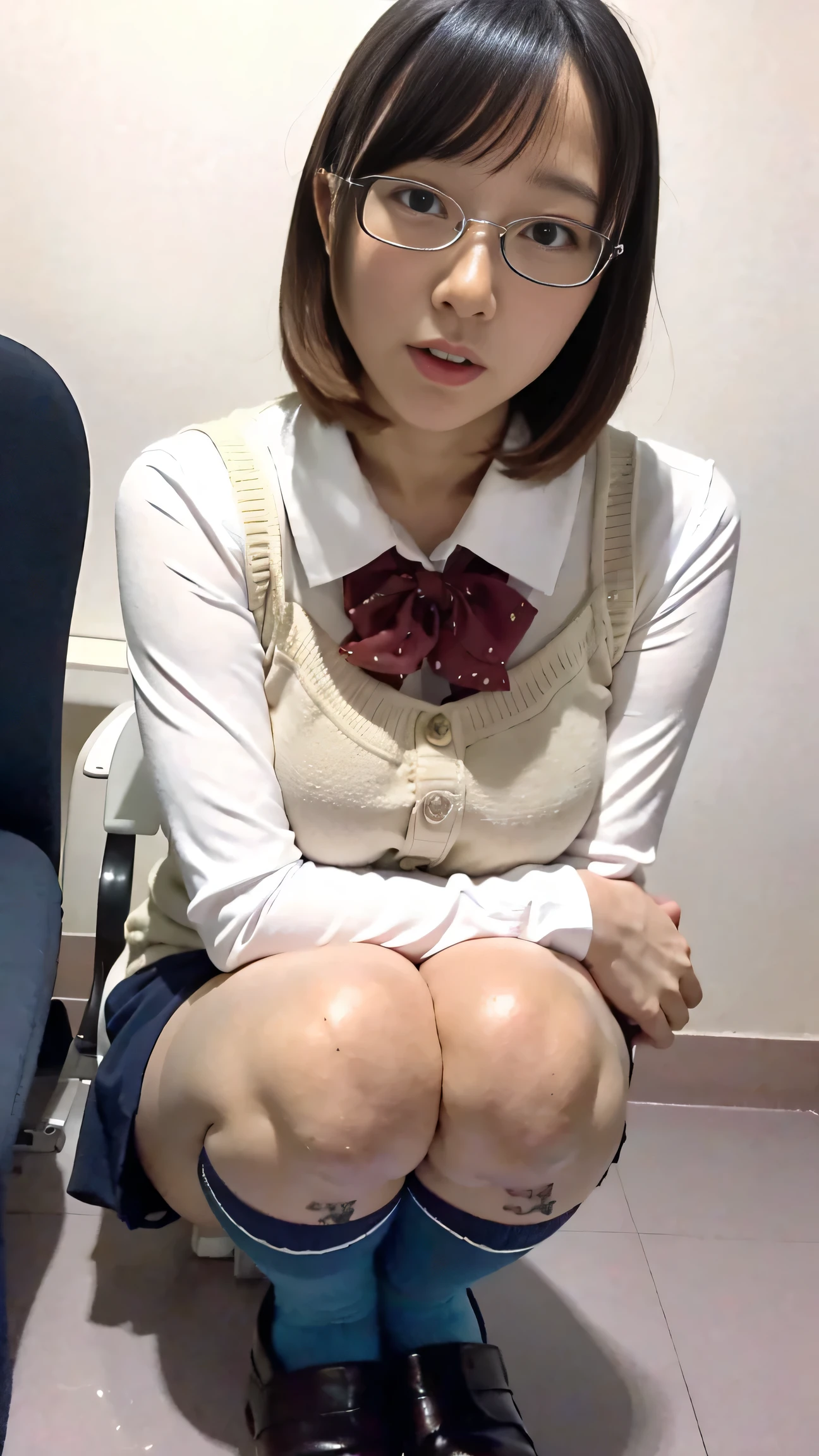 (nsfw),( absurd:1.5),8k,( Detailed Pictures :1.5),(Beautiful face and skin:1.5),( Ultra High Definition:1.5),(Realistic:1.5),  sloppy body  ,  Short Hair 、( long skirt)、Age 30、Squat ,Spread your knees,(( I have thick pubic hair)),  puzzled expressions、(Glasses)、Office Uniform、   plump body   、( not wearing panties ), Big Breasts、Leather shoes、nylon high socks、Introvert