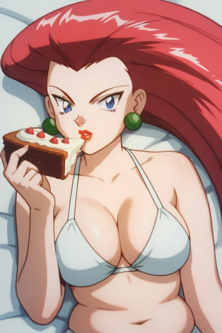 PMJessie, red hair, long hair, blue eyes, looking concerned,lipstick, earrings, breasts, looking at viewer, wear a white bikini, tight, on bed, lounging on side, show full belly complete, tall height, plump belly, holding a chocalate cake, eating messy, red hair, fair skin,