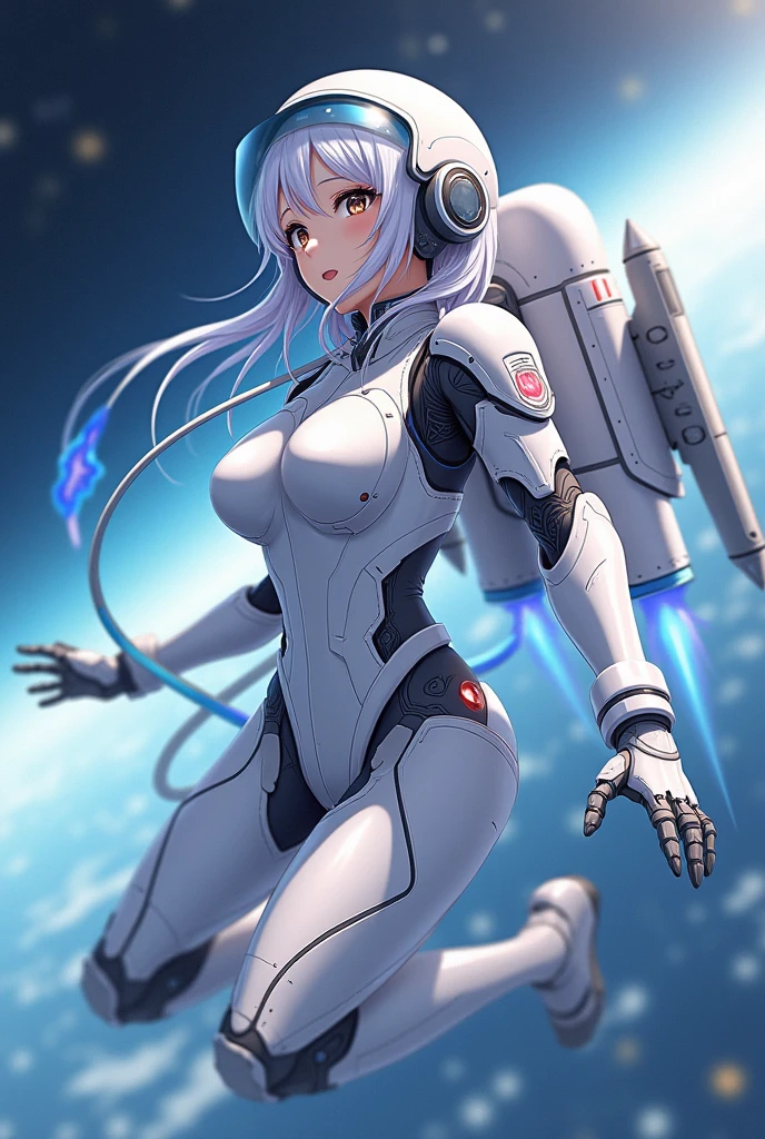 Sexy white cyborg suit、17 years old、beautiful girl、ponytail、Black Hair、fight、blue beam、universe space