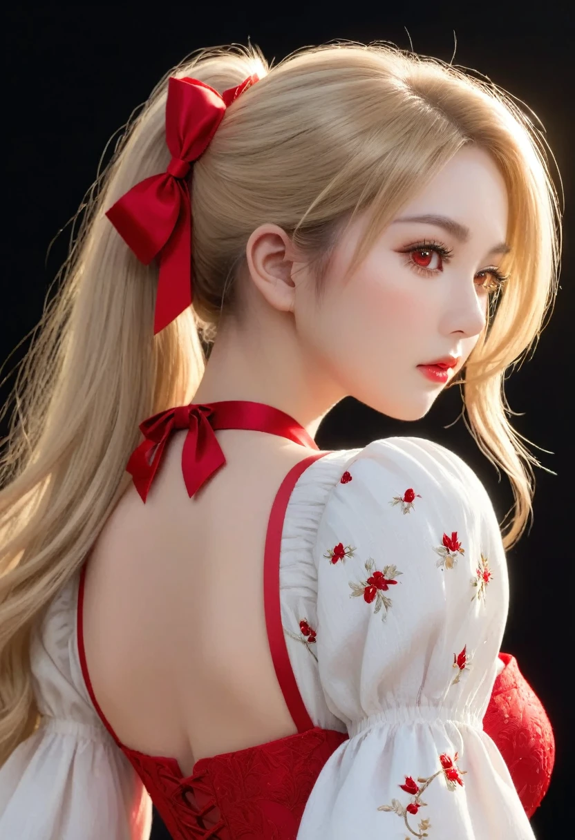 light particles, soft lighting, volumetric lighting, intricate details, finely detailed,1girl, solo, , (beautiful and ample breasts, deep cleavage, :1.5) and a huge waist,blonde hair, long hair, high ponytail,red eyes, long eyelashes, thick eyelashes, looking at viewer,red dress, ornate dress, backless dress, puffy sleeves, juliet sleeves, (long sleeves:1.2), red bow,black background, simple background, from behind,