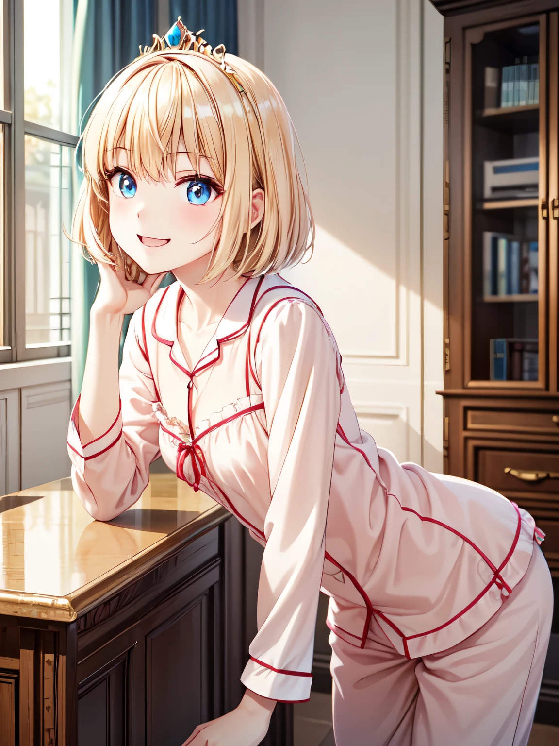  high definition 、 best quality、 super quality、smile、Princess Meer、3D Images、 one girl who is at ease、solo、Standing、 shot from the front、 golden hair 、 short hair 、 Very detailedなCGユニティ,8K wallpaper、[3D Images:1.1]、 charming eyes、 [ detailed eyes on board、 colorful eyes、Shining Eyes:1.5]、 super detailed、Detailed front view of fingers 、 cinematic lighting 、bedroom、bet(Long pants、In pajamas:1.3), pink pajamas、In pajamas、 sharp pupils 、  high definition 、  high definition 、 super fine painting,、( Very detailed、color、Sparkle)、(Genuine、 real、Realistic:1.2)、Small breasts、(Leaning forward:1.2)
