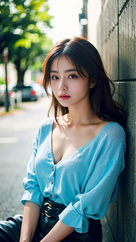 (Raw photography)、(masterpiece、top-quality:1.3、ultra-quality:1.2)、(ultra-detailed 8K)、(超realisitic:1.35)、(Photorealsitic:1.45)、(realisitic:1.5)、Beautuful Women、完璧な体形のBeautuful Women:1.4、美丽的面容、A detailed face、A detailed eye、Slender Abs:1.2、((dark brown hair、middlebreasts:1.4))、Hair that flutters in the wind、(Acceleration)、((Very oversized white shirt、 Buttoned shirt, Open Shirt))、a miniskirt:1.2、(Jean:1.1)、非常にA detailed faceと肌の質感、A detailed eye、二重まぶた、Fashion Model Pose、Floating hair、Navel Ejection、Shoulder、cleavage of the breast、Expression of melancholy、Outside、Big city、Street、the wind、