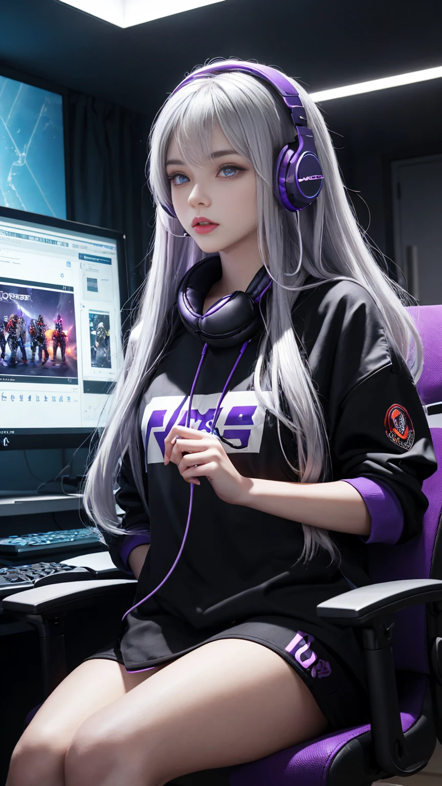 Girl with long purple hair slim, cuteface, little chest, The programmer writes the code, in jeans and a jacket