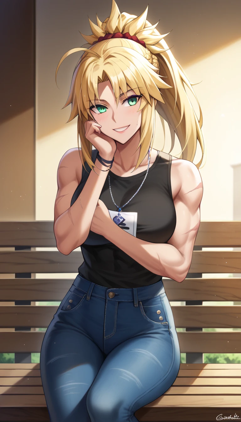 (((throw)), artoria, destination, blonde hair, blue-green eyes,  High resolution, ultra-sharp, 8K,  masterpiece,  looking at the spectator , (( masterpiece)), (( high definition)), (( lyrics)), anime badass 8K,  better noise removal , La  better quality , best render ,  smiling with joy , ( better quality :1.3), (4K quality), Good composition, bright green light, Headrest, Lips, ( long hair  atado bajo, (day:1.2), (( masterpiece)), (( high definition)), (( lyrics)), anime badass 8K,  better noise removal , La  better quality , best render , blonde hair, tied hair,  long hair ,  long hair  atado, cintura slim, muscle girl, Full arms, without errors,  long hair  atado, high ponytail, hide breasts , girl smiling,  girl looking forward , blue-green eyes, golden hair, usando su jeans negros y  black sleeveless t-shirt, hide breasts , slim, signs of fatigue, (From behind: 1,9), parada de espaldas, walking away from the camera,  taking a step away from the camera ,  scars on the body , jeans negros,  black sleeveless t-shirt, scars on the arms,  sitting on a wooden bench, alone, only girl , girl smiling de alegría,  hands on the waist,  mature woman ,  looking to the left , varias scars on the arms