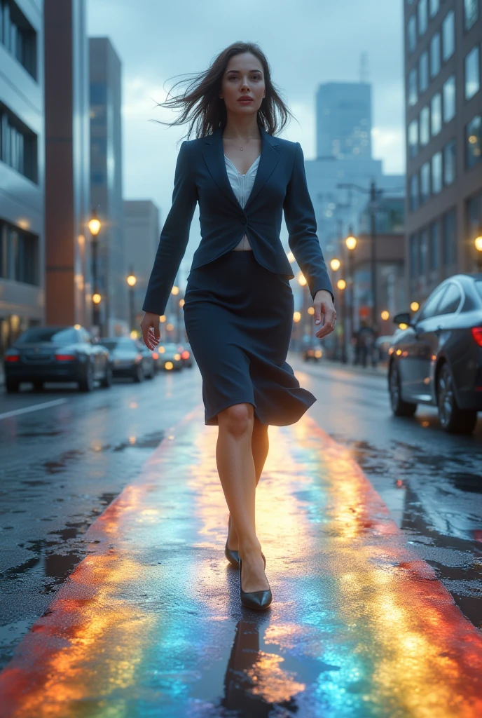 ((masterpiece, highest quality, Highest image quality, High resolution, photorealistic, Raw photo, Extremely detailed CG unified 8k wallpaper)), (huge stunning goddess shot, very hot and sexy, jaw-dropping beauty, perfect proportions, beautiful body, slim body beauty:1.4), City after rain, woman in business suit, tight skirt and high heels crossing the street, focus on her feet, side view, blue sky and rainbow reflected in puddle at her feet, she appears to be walking on a rainbow,