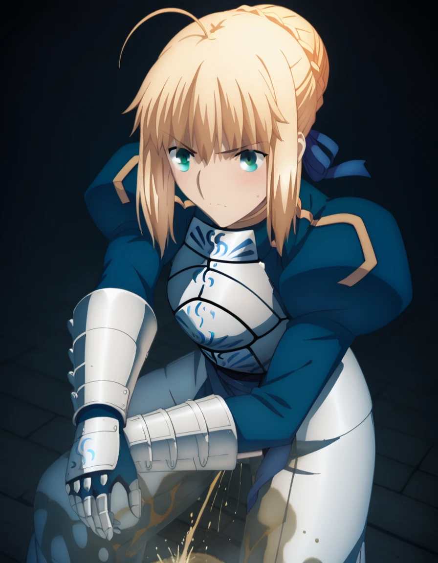 Highest quality, official art, official style, very aesthetic, score_8_up, score_9_up, score_7_up, High Resolution, 1 girl, artoria pendragon, artoria pendragon \(fate\), saber, blonde hair, green eyes, ahoge, sidelocks, hair bun, single hair bun, braid, dress, ribbon, hair ribbon, armor, gauntlets, armored dress, blush, nsfw, short pants, loose pants, frilled pants, white pants, incontinence, Urine, Urinating, Peeing, Urine stains spreading to pants,