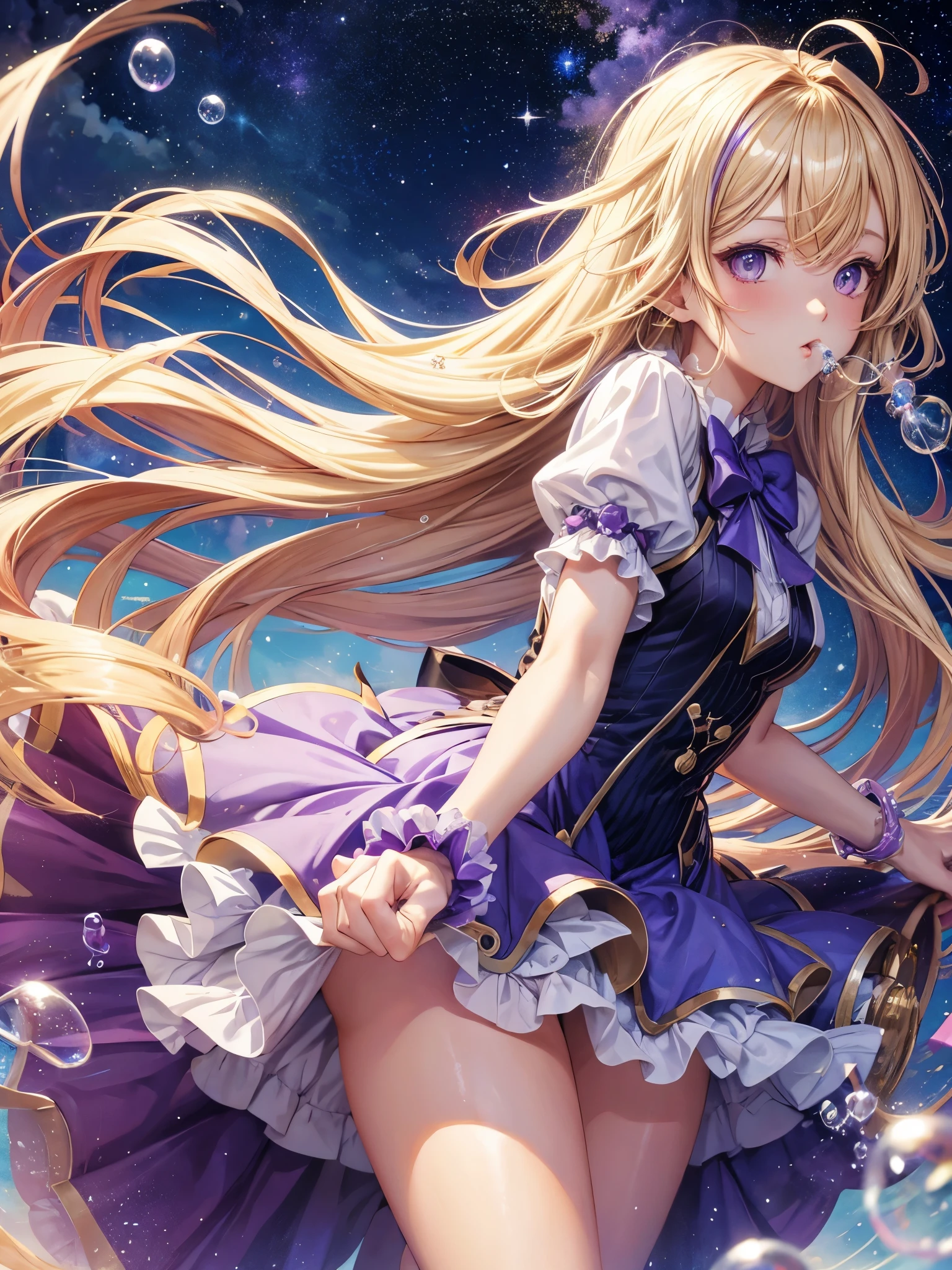 panty shot、rainbow colored leotard、Beautiful Girl Magician、blonde twintails、((whole body))、(((photo taken from below)))、night