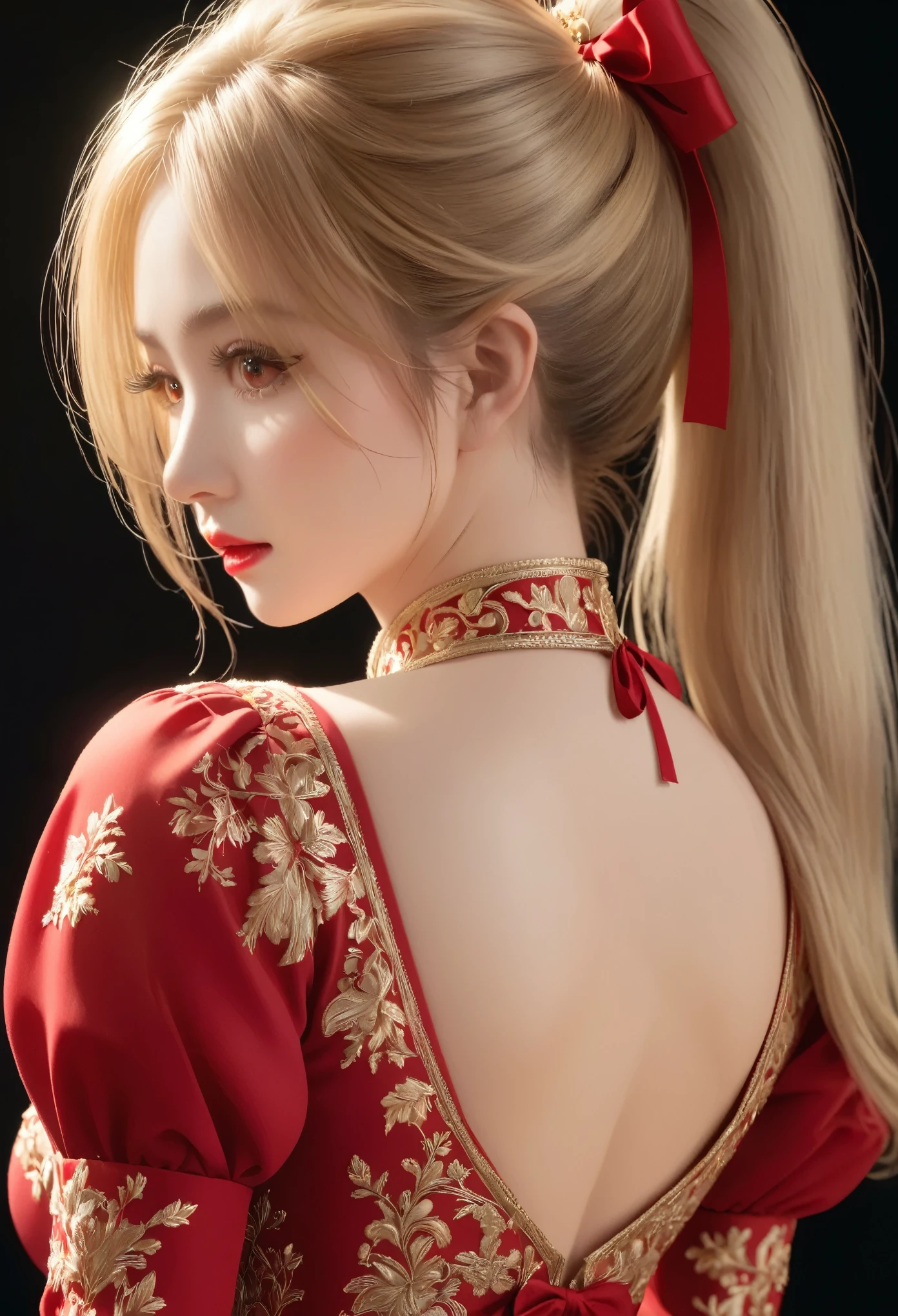 light particles, soft lighting, volumetric lighting, intricate details, finely detailed,1girl, solo, , (beautiful and ample breasts, deep cleavage, :1.5) and a huge waist,blonde hair, long hair, high ponytail,red eyes, long eyelashes, thick eyelashes, looking at viewer,red dress, ornate dress, backless dress, puffy sleeves, juliet sleeves, (long sleeves:1.2), red bow,black background, simple background, from behind,