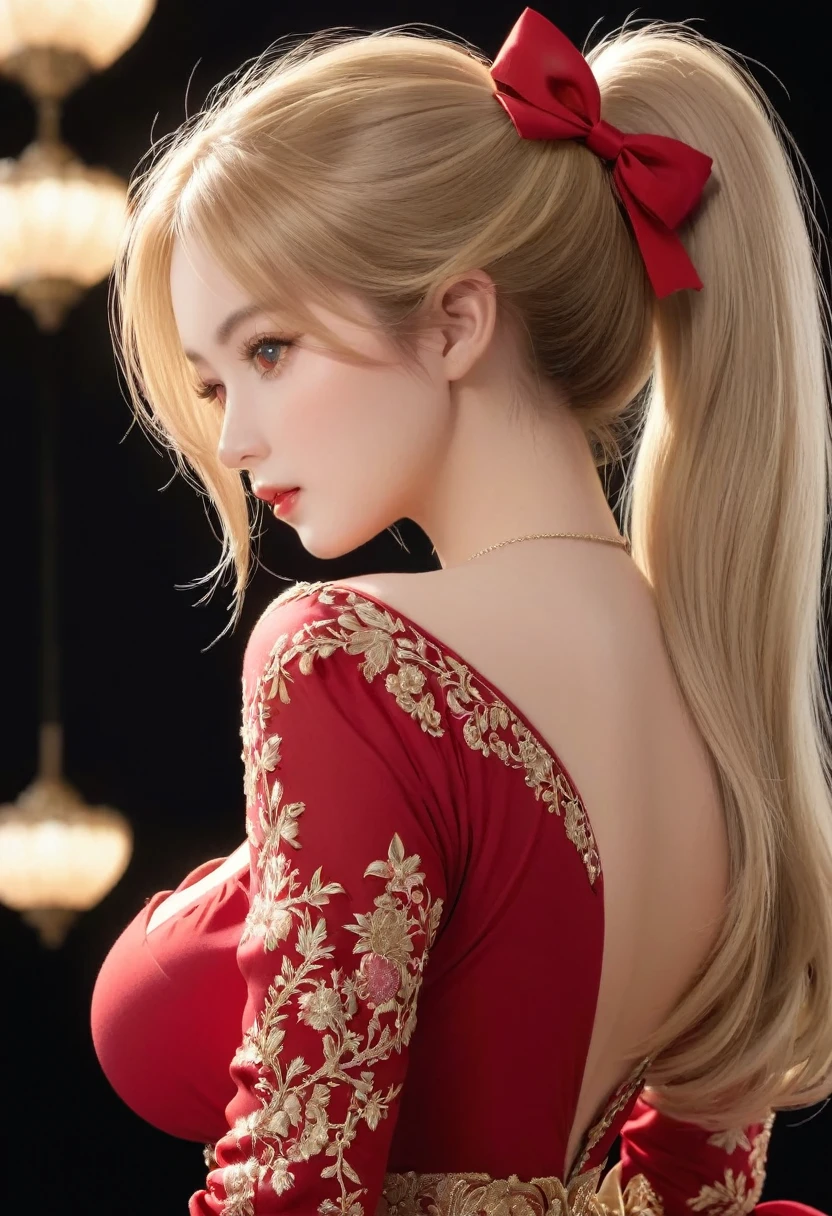 light particles, soft lighting, volumetric lighting, intricate details, finely detailed,1girl, solo, , (beautiful and ample breasts, deep cleavage, :1.5) and a huge waist,blonde hair, long hair, high ponytail,red eyes, long eyelashes, thick eyelashes, looking at viewer,red dress, ornate dress, backless dress, puffy sleeves, juliet sleeves, (long sleeves:1.2), red bow,black background, simple background, from behind,