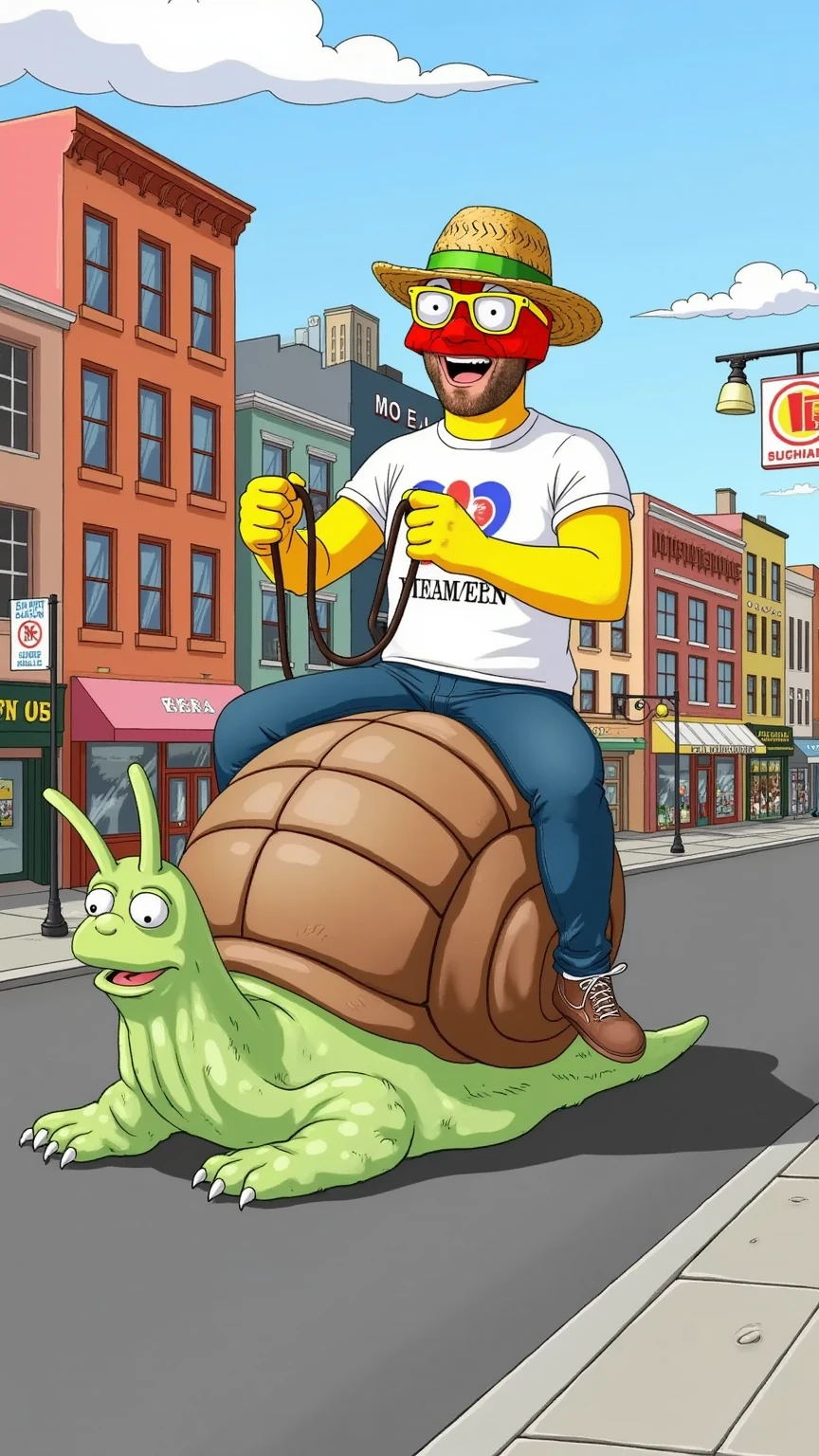 A humorous and cinematic scene in The Simpsons style, featuring a man riding a giant snail through the streets of Springfield. The man has exaggerated cartoonish features typical of The Simpsons, wearing casual clothes with a playful expression, holding imaginary reins as if steering the snail. The snail, oversized and detailed, is slimy yet charming, with a slightly cartoonish texture blending realism and humor. The streets of Springfield are depicted vividly, with iconic landmarks like the Kwik-E-Mart, Moe’s Tavern, and colorful houses in the background. The scene is lit with soft, realistic lighting that adds depth to the cartoon environment, enhancing the whimsical and absurd nature of the moment. A mix of vibrant Springfield colors and realistic textures makes the image both hilarious and visually striking.
