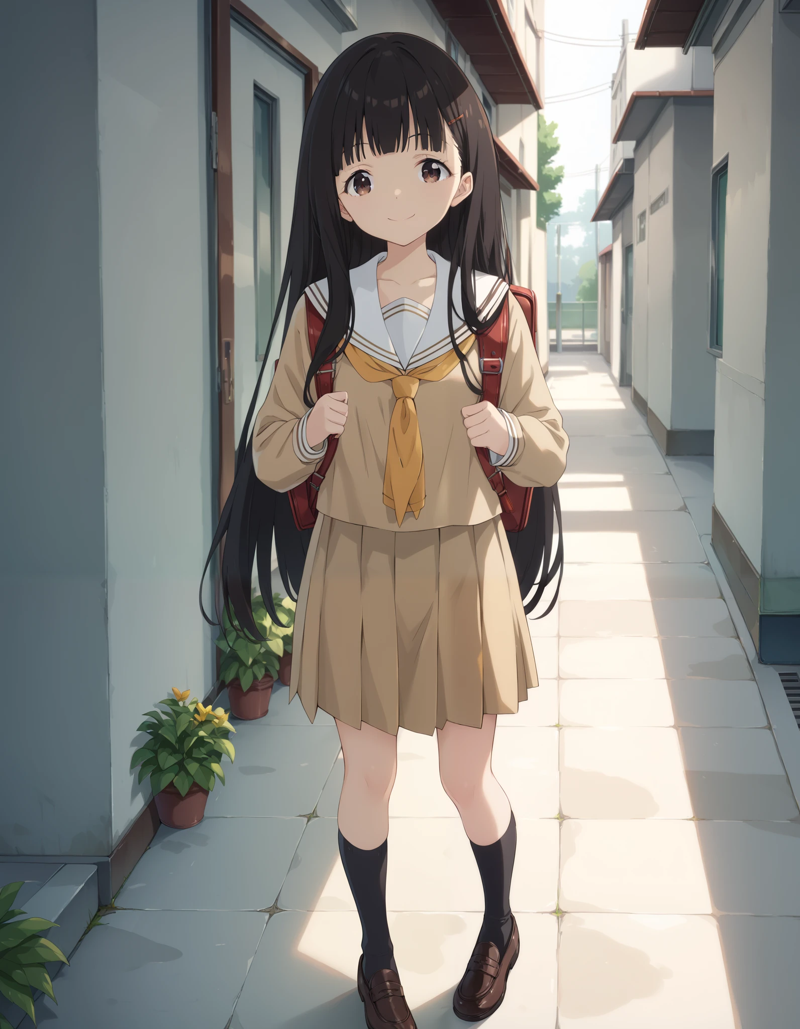 Masterpiece, hd, best quality, kajunukumizu, long hair, bangs, black hair, brown eyes, very long hair, school uniform, serafuku, brown serafuku, yellow bandana, long sleeves, white sailor collar, black socks, brown shoes, standing, fullbody, outdoor, smile, happy, wearing school backpack, (backpack:1.2)