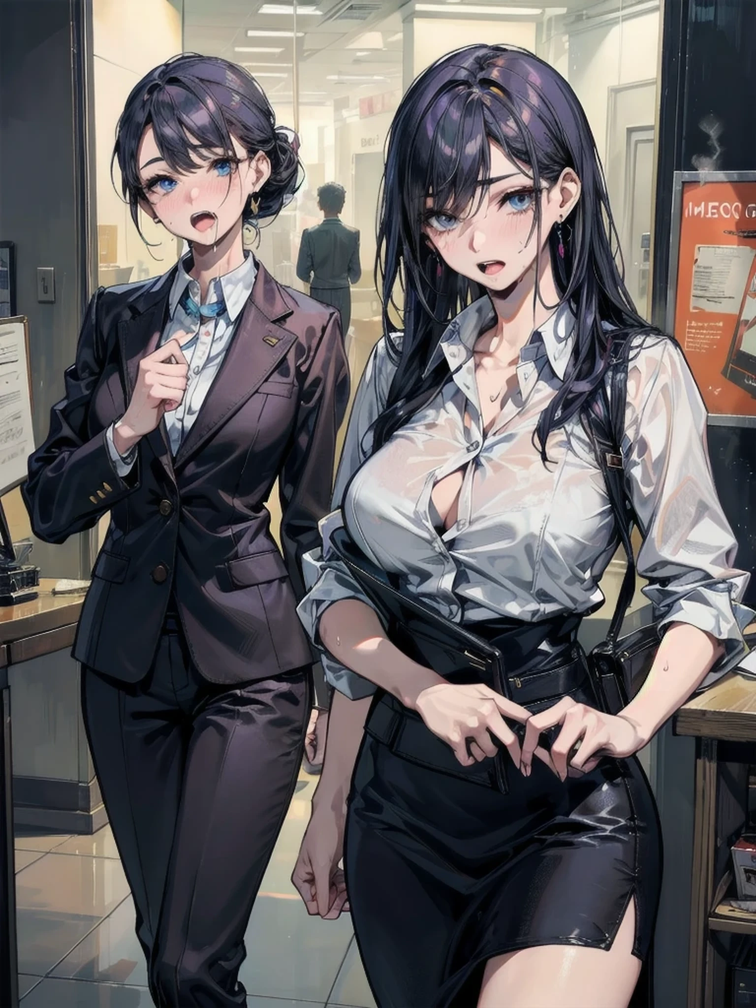 absurdres, RAW photo, extremely delicate and beautiful, masterpiece, Best Quality, ultra high resolution, 32k, hyperrealistic, ultra-detailed, ((perfect anatomy)), super Detailed skin, perfect figure, Very detailed CG 8k wallpaper, in her 20s, very Slim body, narrow waist, very small head, very small face, delicate facial features, tearful mole, earring, thin legs, huge round breasts, whole body shot, shorter middle hair, wavy hair, ((office lady suit)), blouse, blazer, skirt, ((in office)),